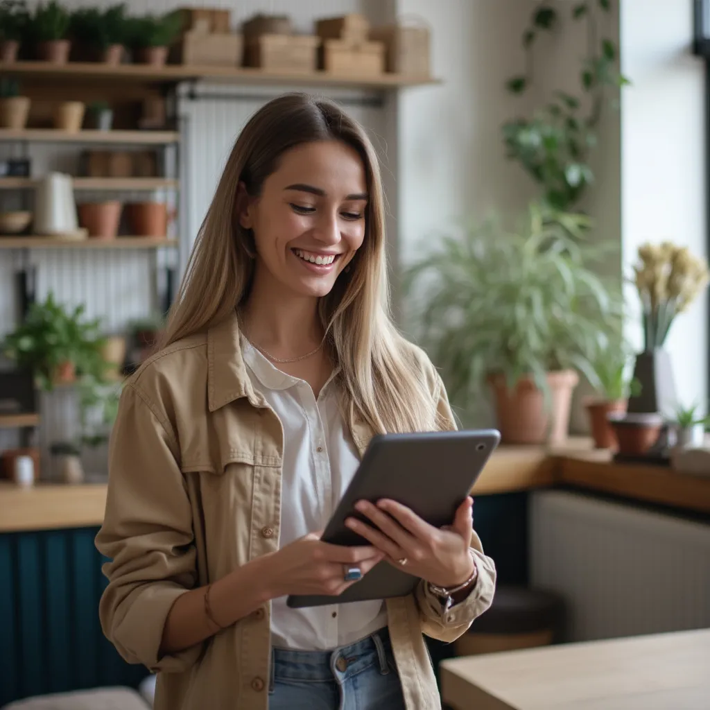 Cliente sonriente interactuando con un servicio