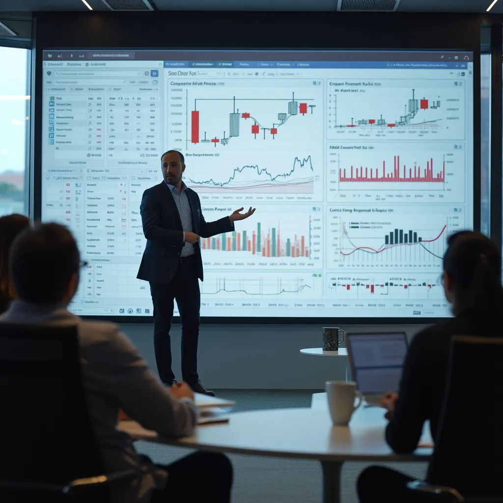 Consultor presentando datos en pantalla